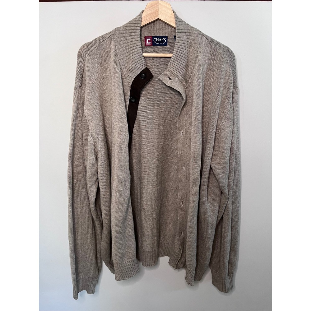 Chaps Mens XXL Tan Cotton Knit Cardigan Sweater Elbow Patches Mock Neck Beige